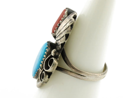 Navajo Ring 925 Silver Turquoise & Coral Artist Signed Native American C.80s