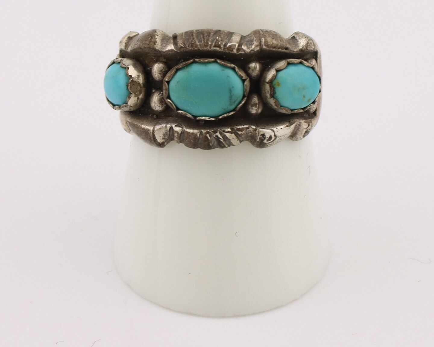 Navajo Ring .925 Silver Natural Blue Turquoise Artist Signed Sun Bell C.80's