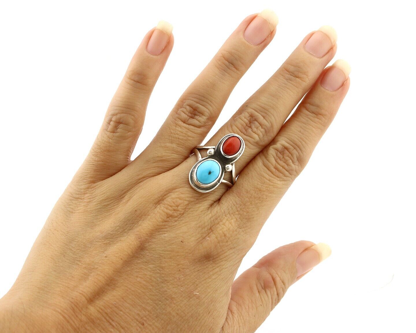 Navajo Handmade Ring 925 Silver Coral & Turquoise Native American Artist C.80's