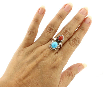 Navajo Handmade Ring 925 Silver Coral & Turquoise Native American Artist C.80's
