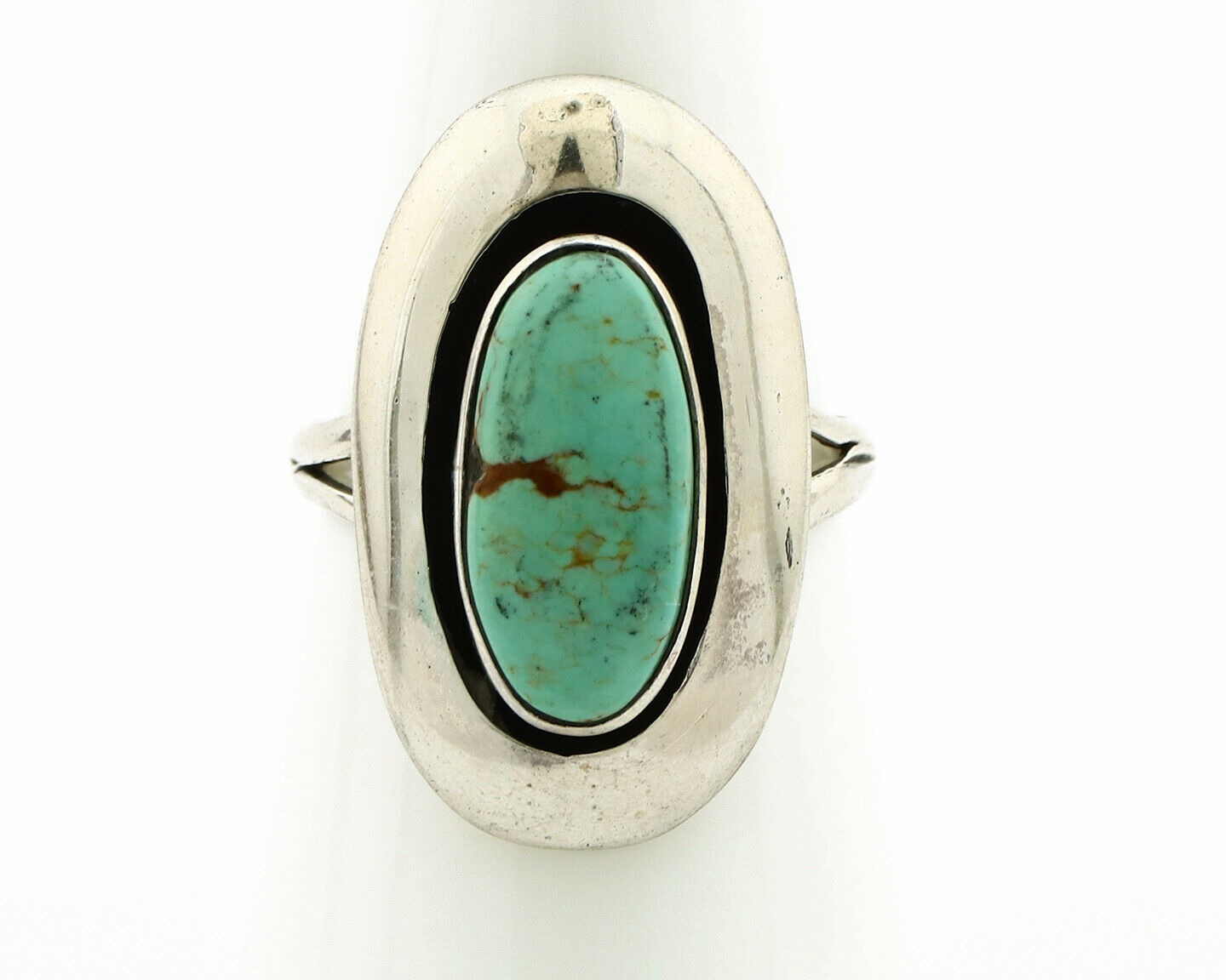 Navajo Shadow Box Ring .925 Silver Kingman Turquoise Signed M Montoya C80s