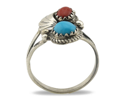 Navajo Ring .925 Silver Morenci Turquoise & Coral Native Artist Signed JM C.80's