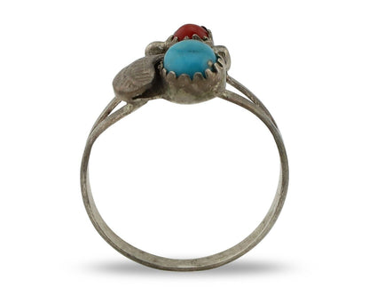 Navajo Handmade Ring 925 Silver Turquiose & Coral Native American Artist C.80's