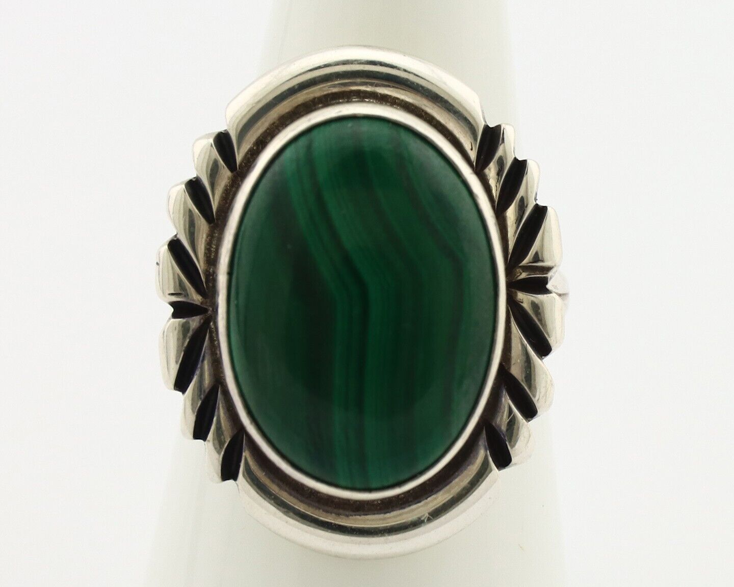 Navajo Ring 925 Silver Malachite Hand Stamped Signed NAKAI C.80's