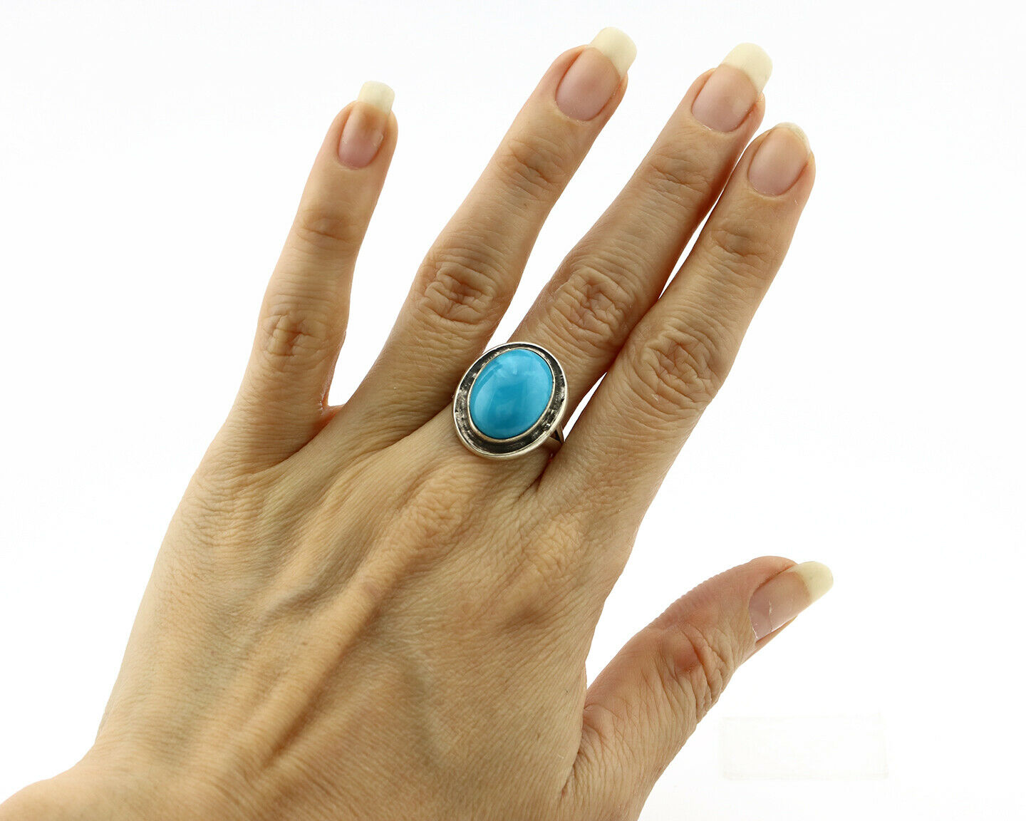 Navajo Ring .925 Silver Blue Turquoise Signed Artist Apache C.80's