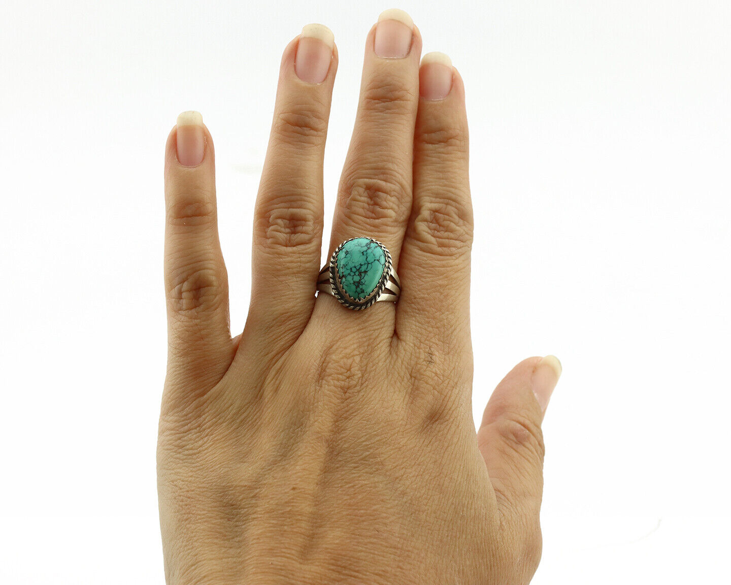 Navajo Ring .925 Silver Natural Spiderweb Turquoise Native Artist C.1980's