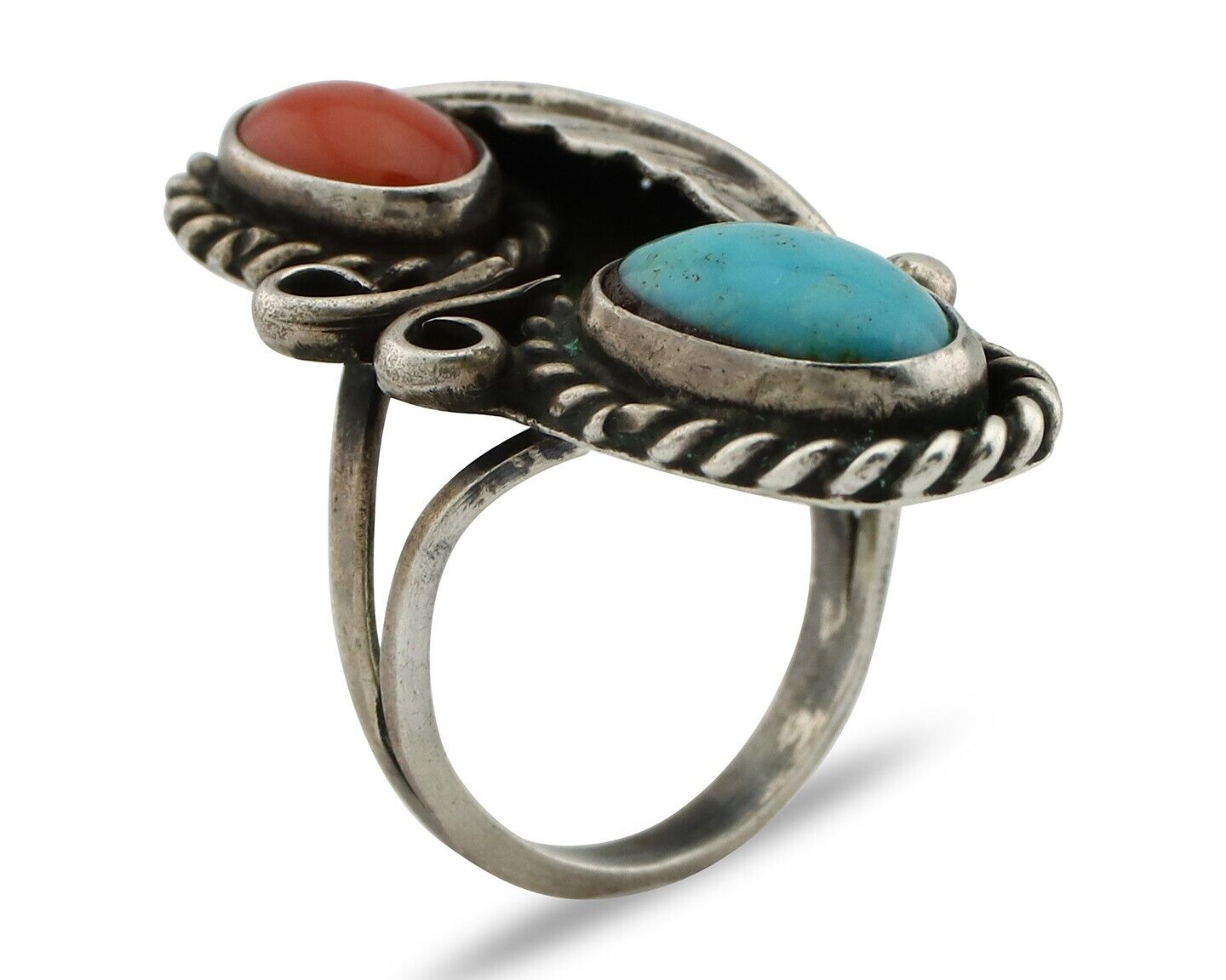 Navajo Handmade Ring 925 Silver Turquiose & Coral Native American Artist C.80's