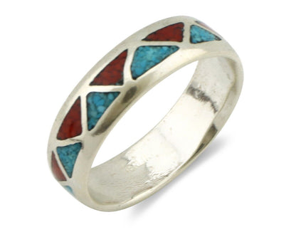 Navajo Ring 925 Silver Natural Turquoise & Coral Native American Artist C.80's