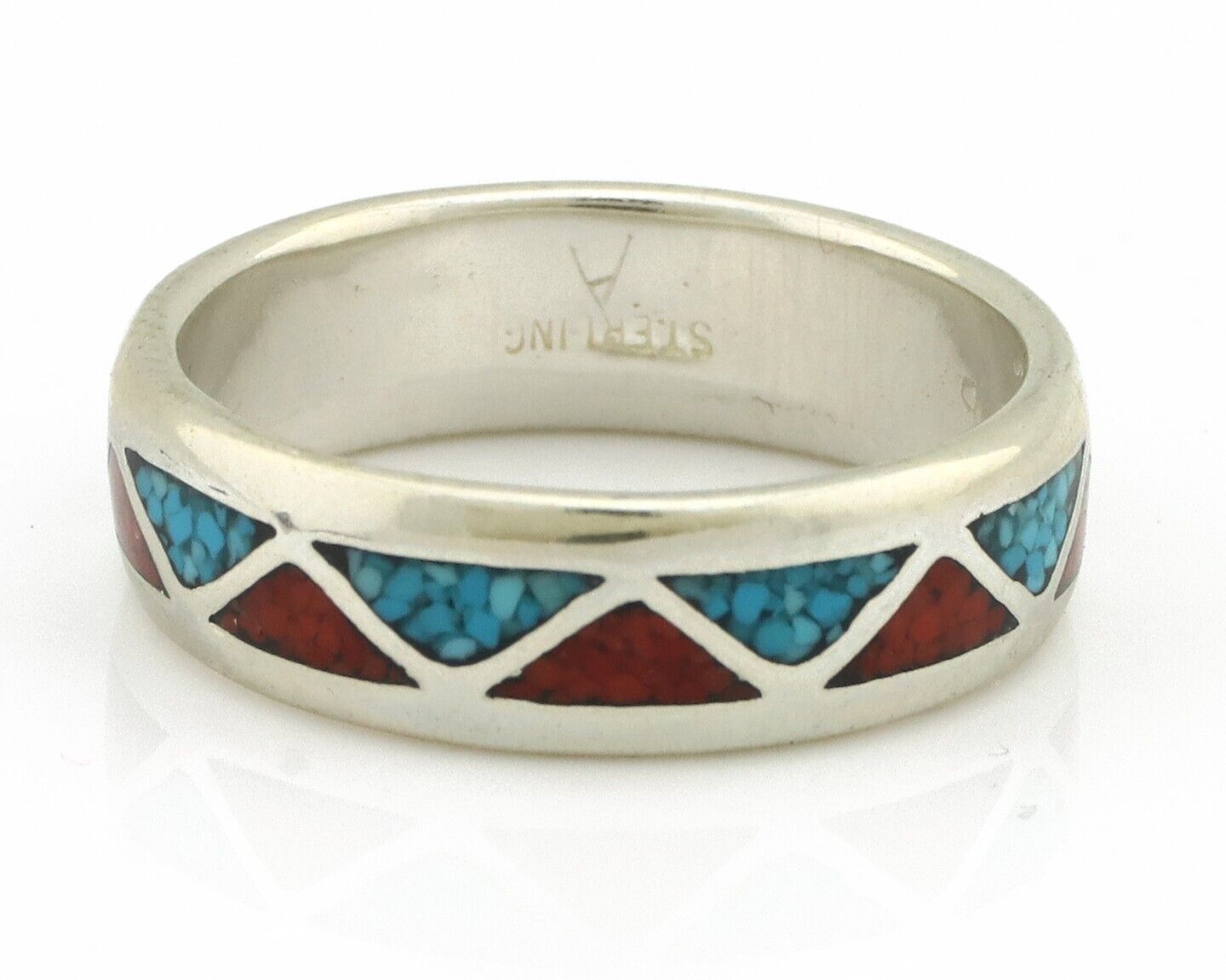 Navajo Ring 925 Silver Natural Turquoise & Coral Native American Artist C.80's