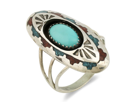 Navajo Ring 925 Silver Turquoise & Coral Signed Circle JW C.80s