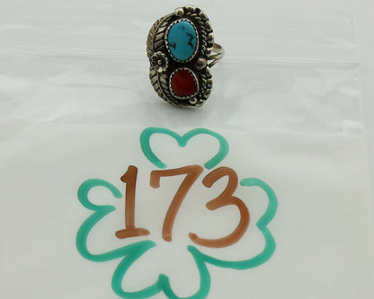 Navajo Ring .925 Silver Turquoise & Coral Artist Signed Thomas Singer C.80's