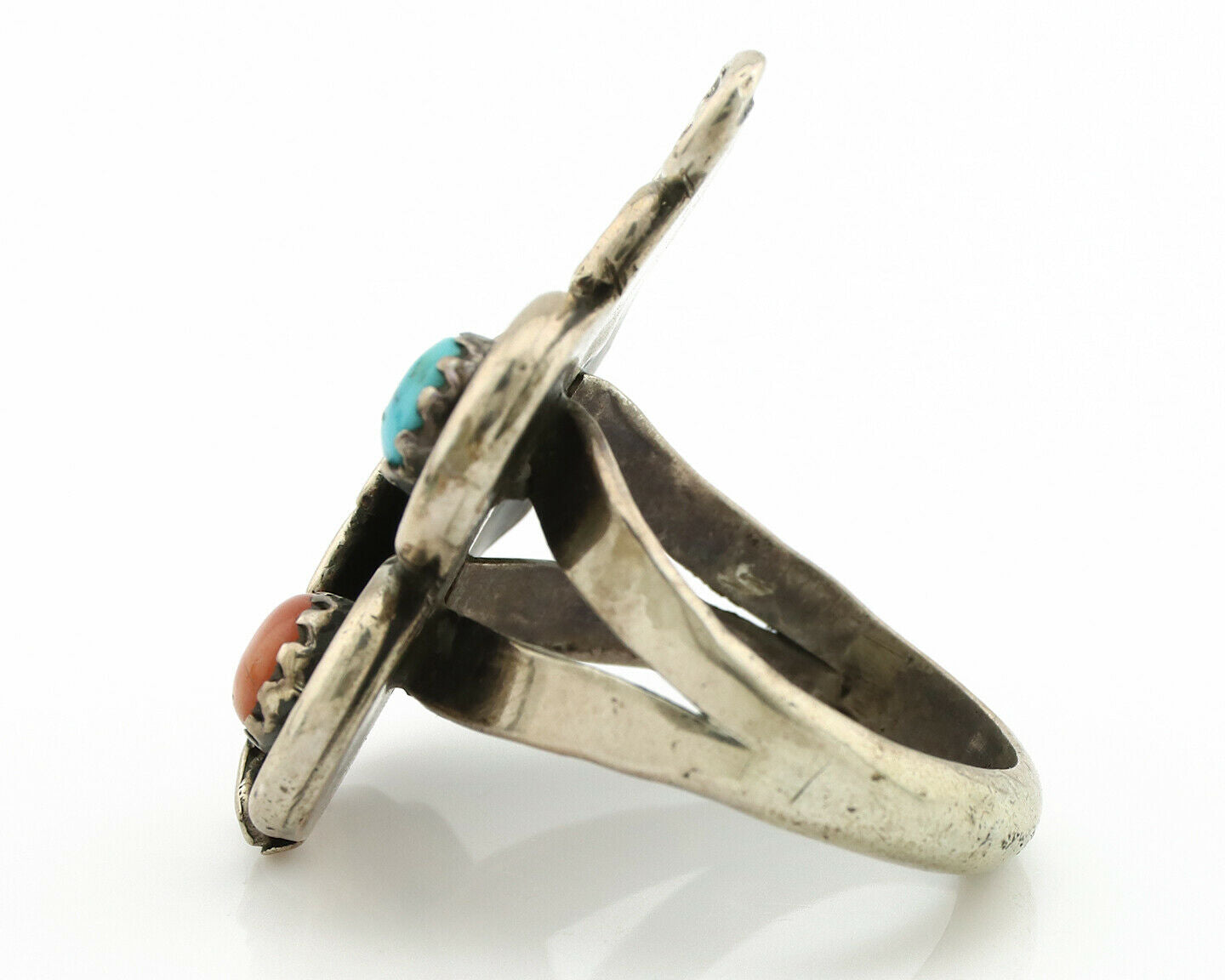 Navajo Ring .925 Silver Turquoise & Coral Native American Artist C.1980's