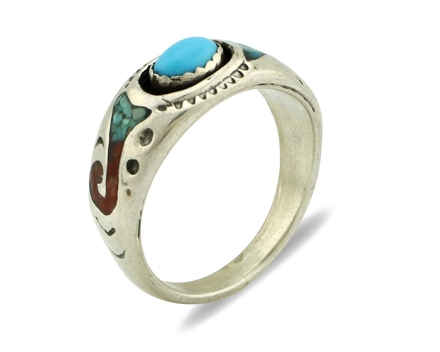 Navajo Handmade Ring 925 Silver Blue Turquoise & Coral Native American C.80's
