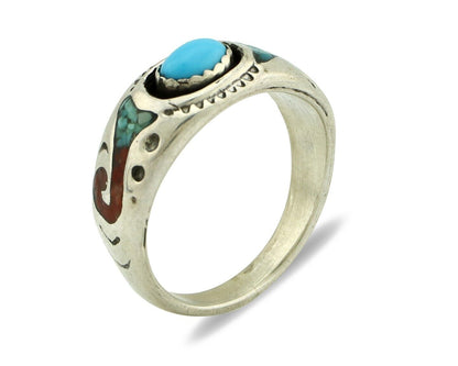 Navajo Handmade Ring 925 Silver Blue Turquoise & Coral Native American C.80's