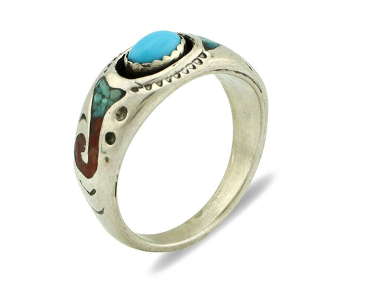 Navajo Handmade Ring 925 Silver Blue Turquoise & Coral Native American C.80's
