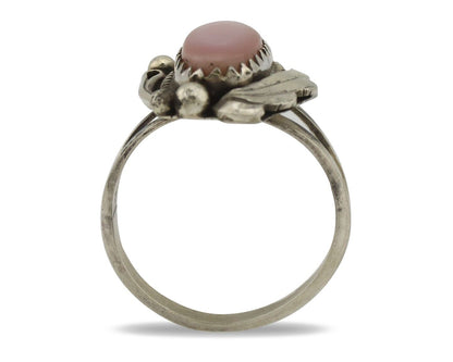 Navajo Ring .925 Silver Natural Pink Mussel Artist Signed Justin Morris C.80's
