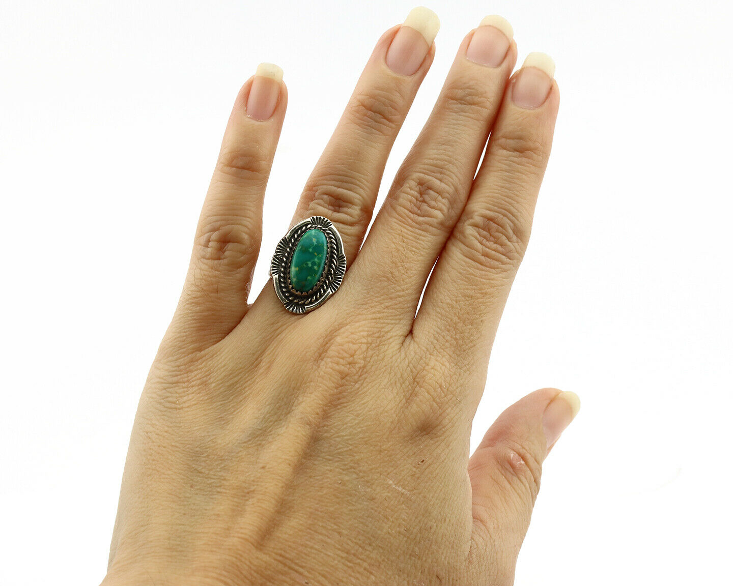 Navajo Ring .925 Silver Green Turquoise Native American Artist C.1980's