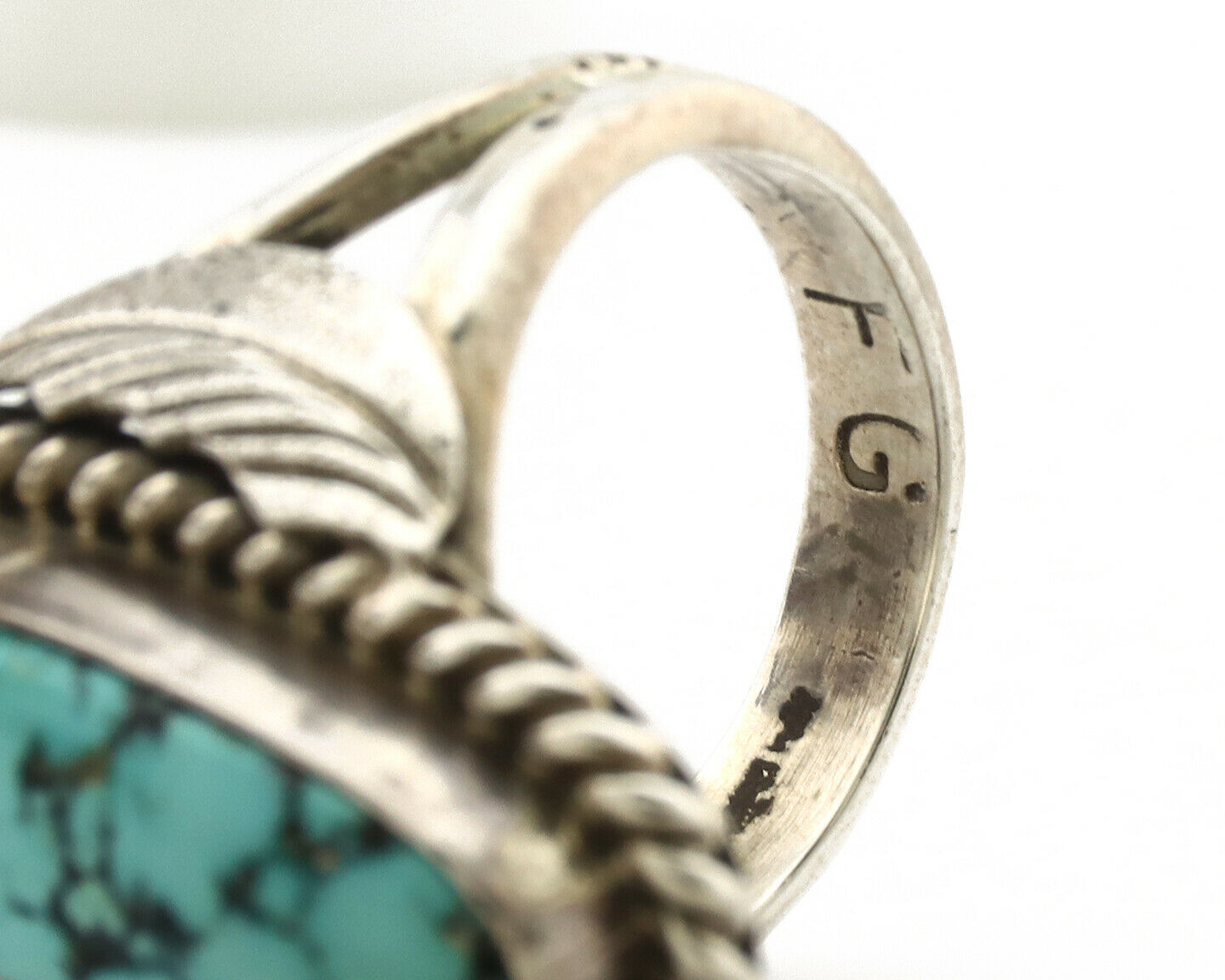 Navajo Ring .925 Silver Blue Spiderweb Turquoise Signed Fred Guerrero C.1980's