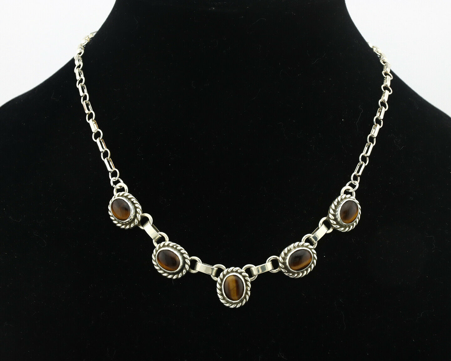 Navajo Necklace .925 Silver Tiger Eye Sapphire Native American Artist C.80's