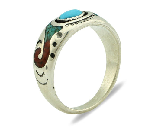 Navajo Handmade Ring 925 Silver Blue Turquoise & Coral Native American C.80's