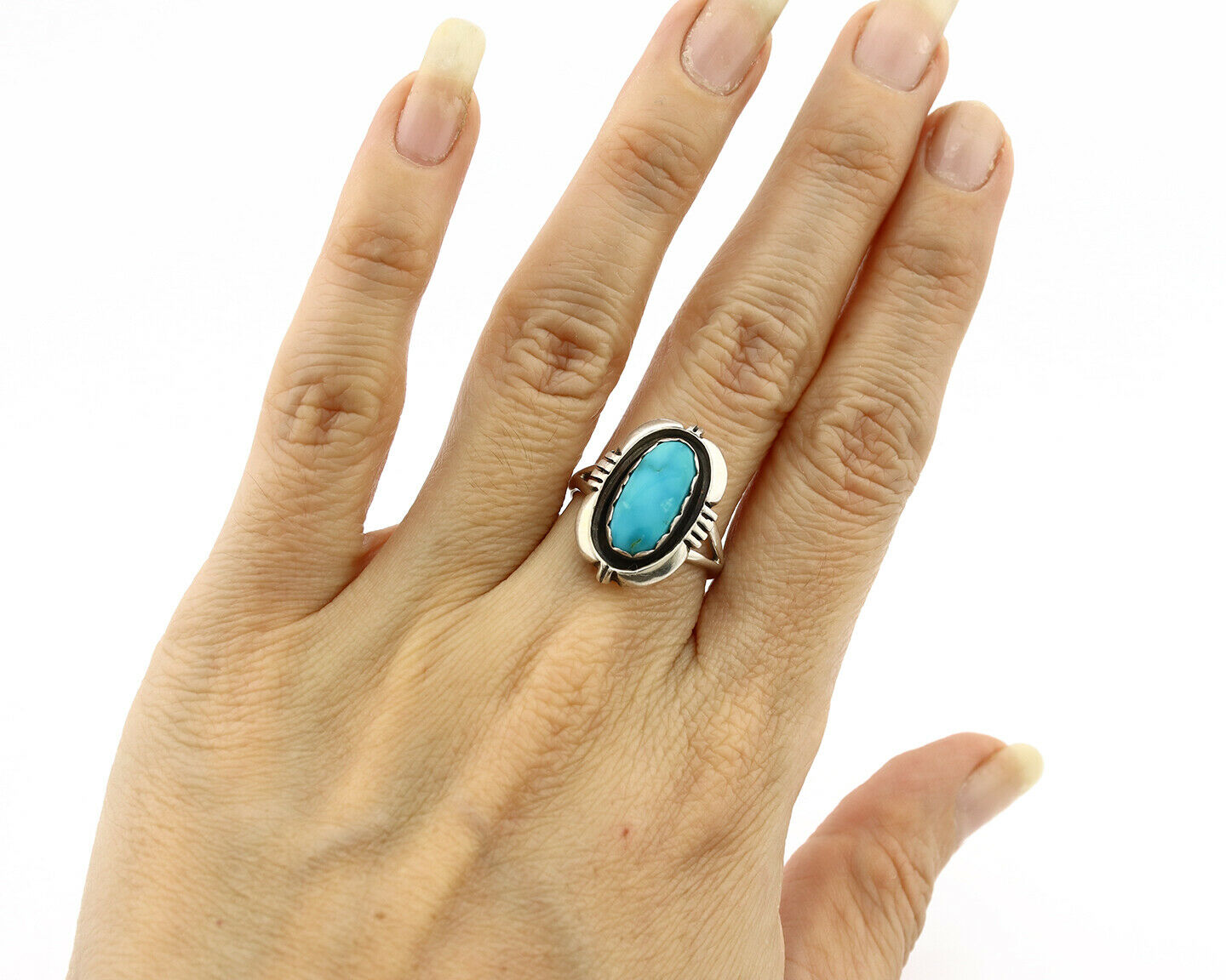 Navajo Ring .925 Silver Kingman Turquoise Handmade Native American Artist C80s