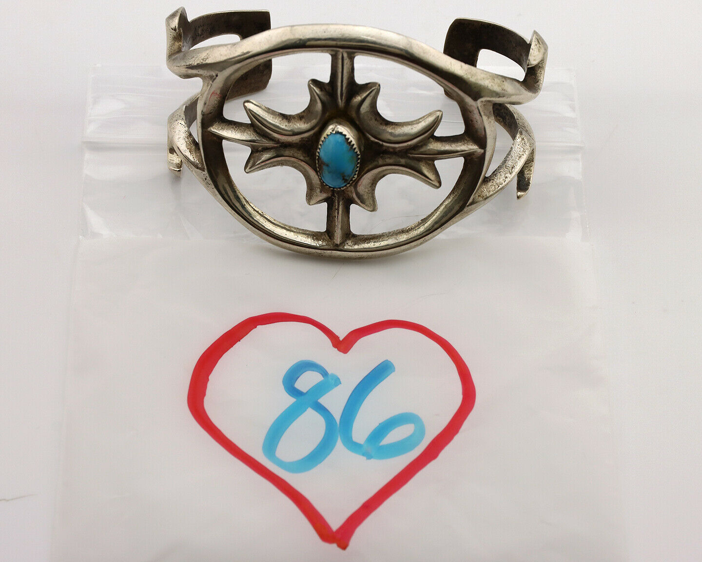 Navajo Sand Cast Cuff Bracelet .925 Silver Morenci Turquoise Native Artist C.80s