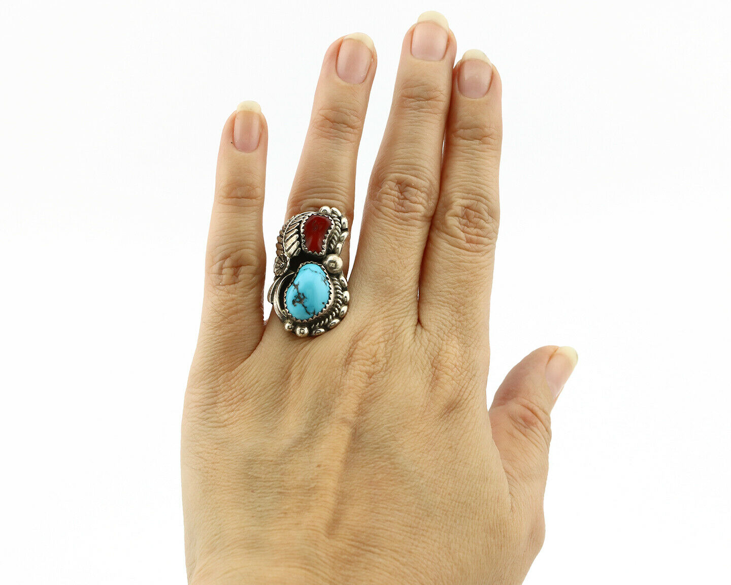 Navajo Ring .925 Silver Turquoise & Coral Artist Signed Thomas Singer C.80's