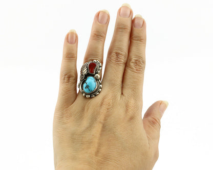 Navajo Ring .925 Silver Turquoise & Coral Artist Signed Thomas Singer C.80's