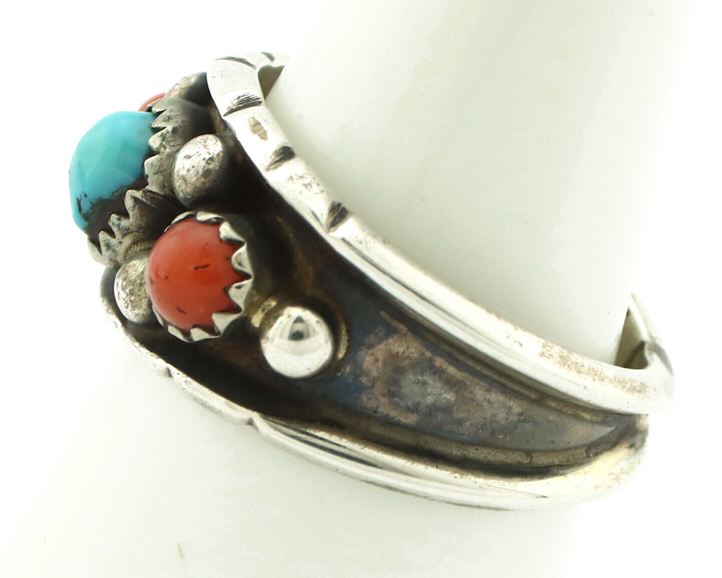 Navajo Ring 925 Silver Coral & Sleeping Beauty Turquoise Native Artist C.70's