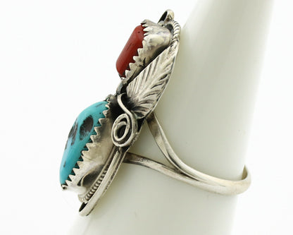 Navajo Ring .925 Silver Turquoise & Coral Artist Signed J Morris C.80's