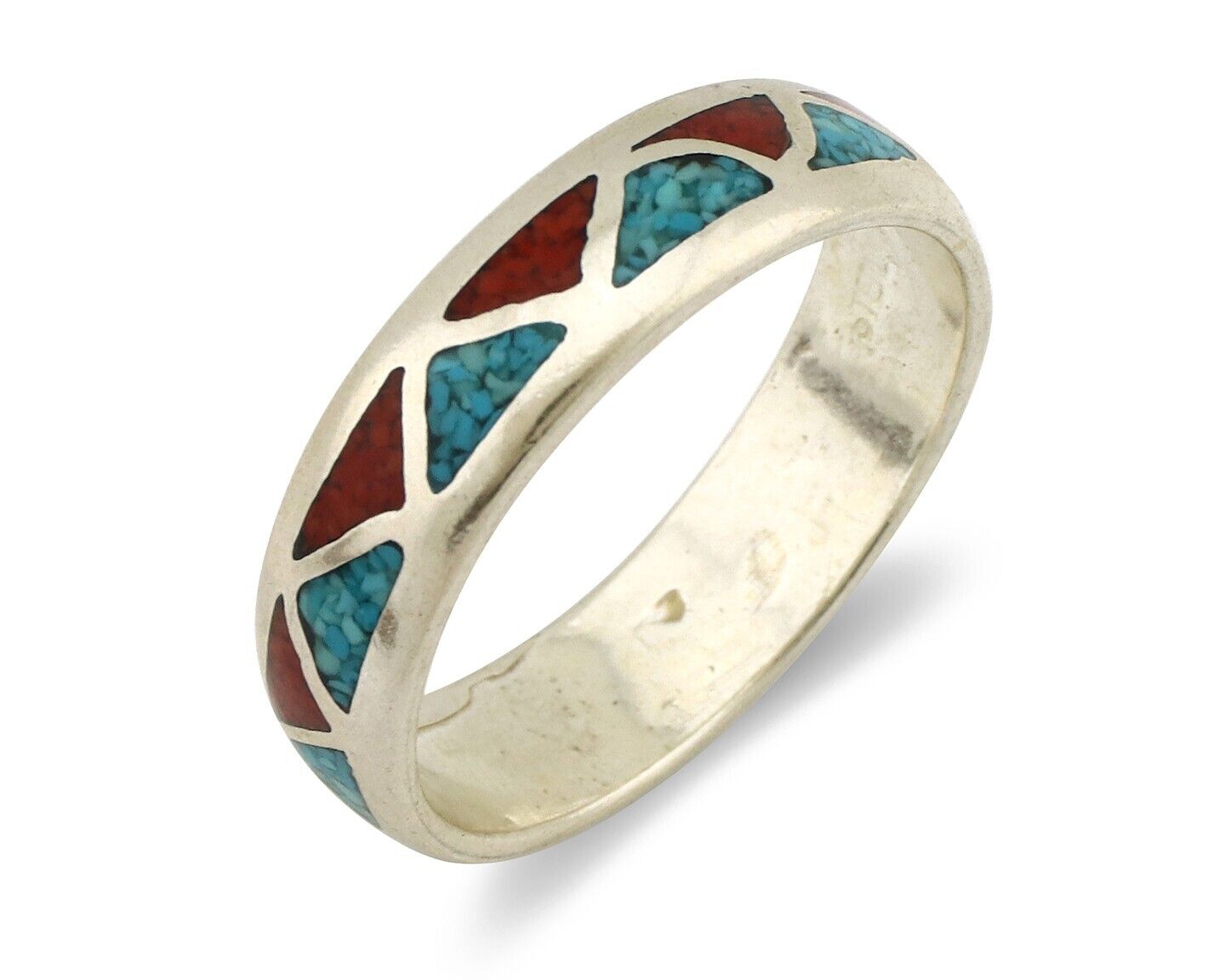Navajo Chip Inlay Ring 925 Silver Sleeping Beauty Turquoise & Coral Silver Cloud