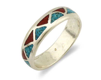 Navajo Chip Inlay Ring 925 Silver Sleeping Beauty Turquoise & Coral Silver Cloud