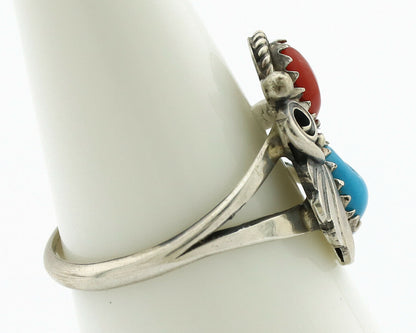 Navajo Ring .925 Silver Morenci Turquoise & Coral Native Artist Signed JM C.80's