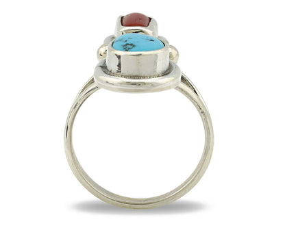 Navajo Ring .925 Silver Blue Turquoise & Red Coral Native American Artist C.80's
