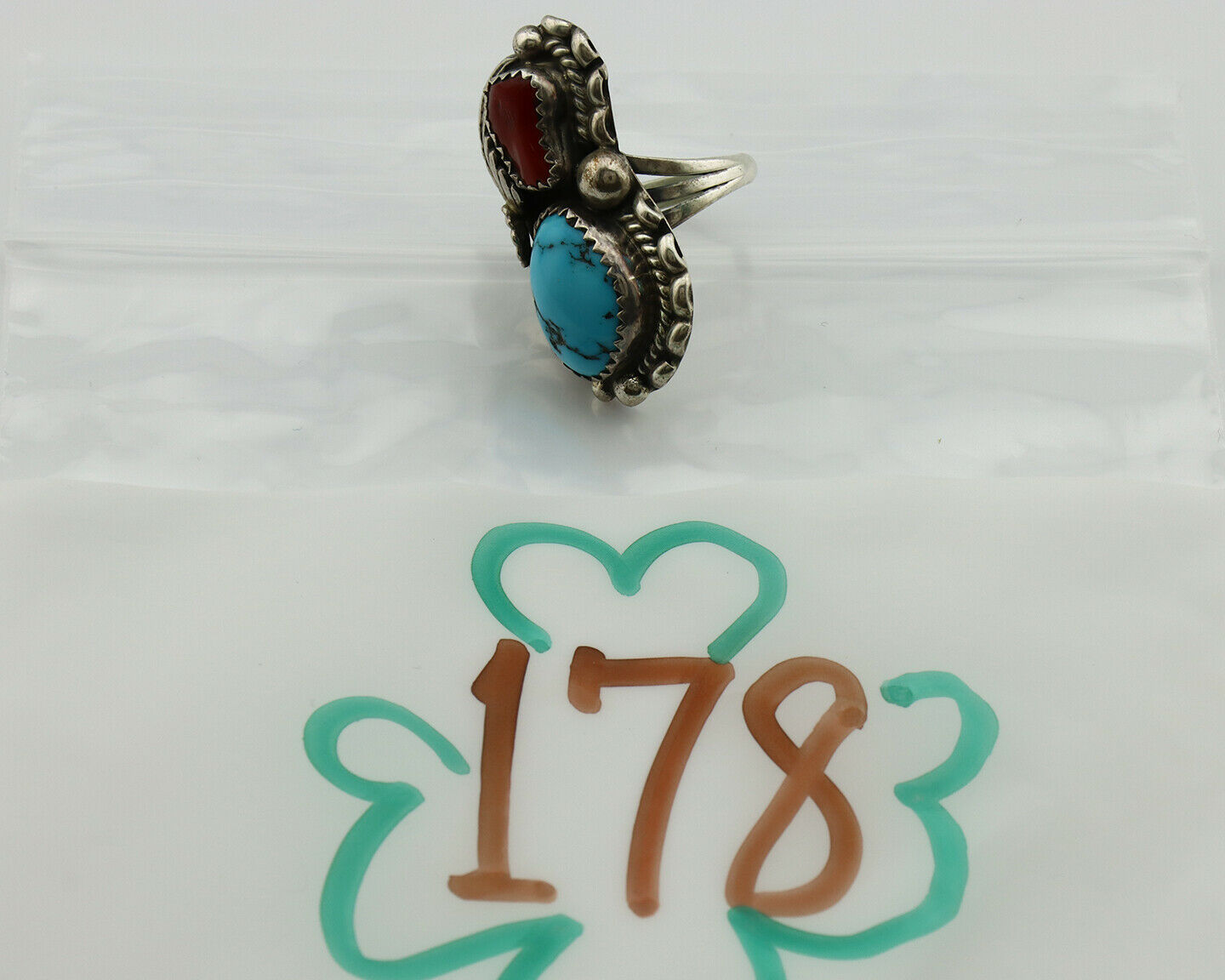Navajo Ring .925 Silver Turquoise & Coral Artist Signed Thomas Singer C.80's