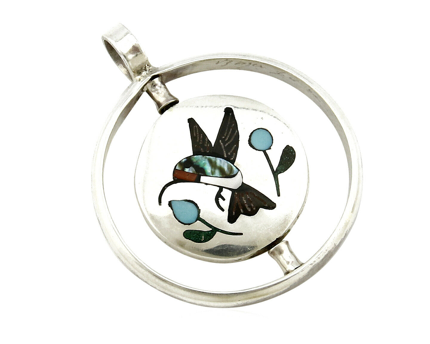 Navajo Bird Spinner Pendant .925 Silver Inlaid Gemstone Signed Baylor C.80's