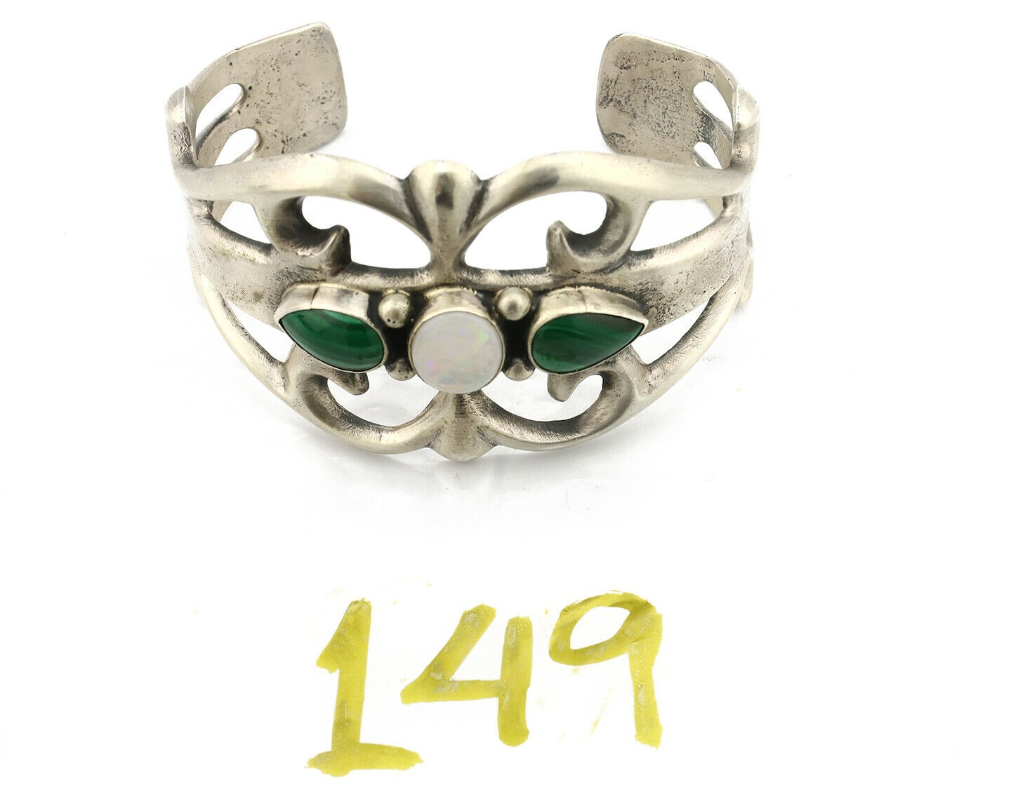 Navajo Sand Cast Bracelet .925 Silver Malachite & Opal Native Artist C.80's