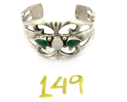 Navajo Sand Cast Bracelet .925 Silver Malachite & Opal Native Artist C.80's