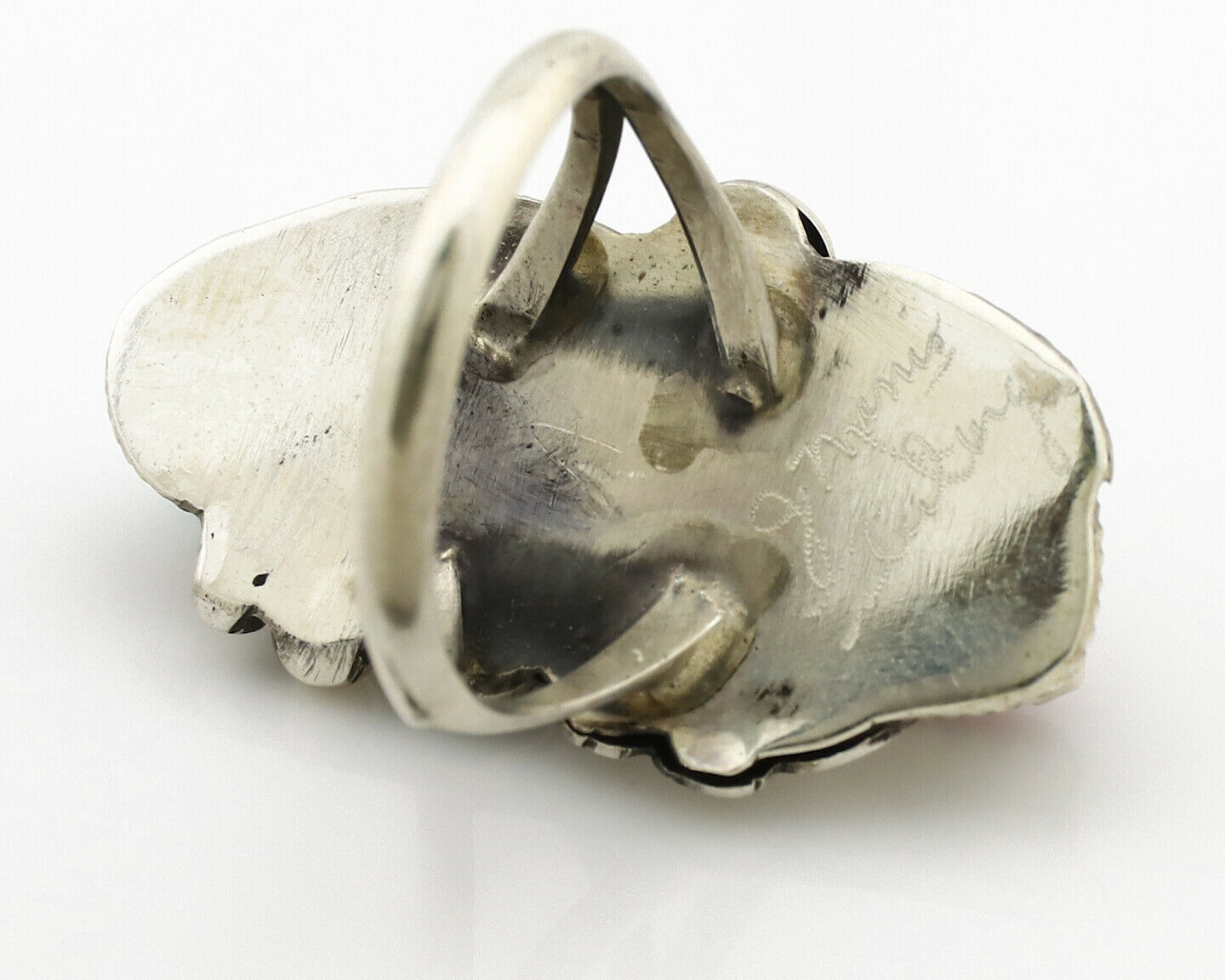 Navajo Ring .925 Silver Turquoise & Coral Artist Signed J Morris C.80's