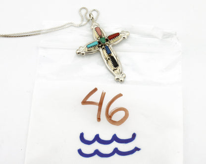 Zuni Handmade Cross Necklace 925 Silver Natural Gemstone Signed E Kaskalla C.80s