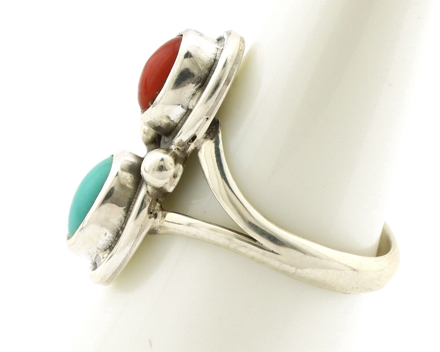Navajo Handmade Ring 925 Silver Coral & Turquoise Native American Artist C.80's