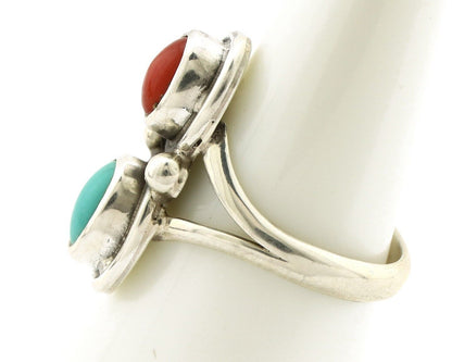 Navajo Handmade Ring 925 Silver Coral & Turquoise Native American Artist C.80's