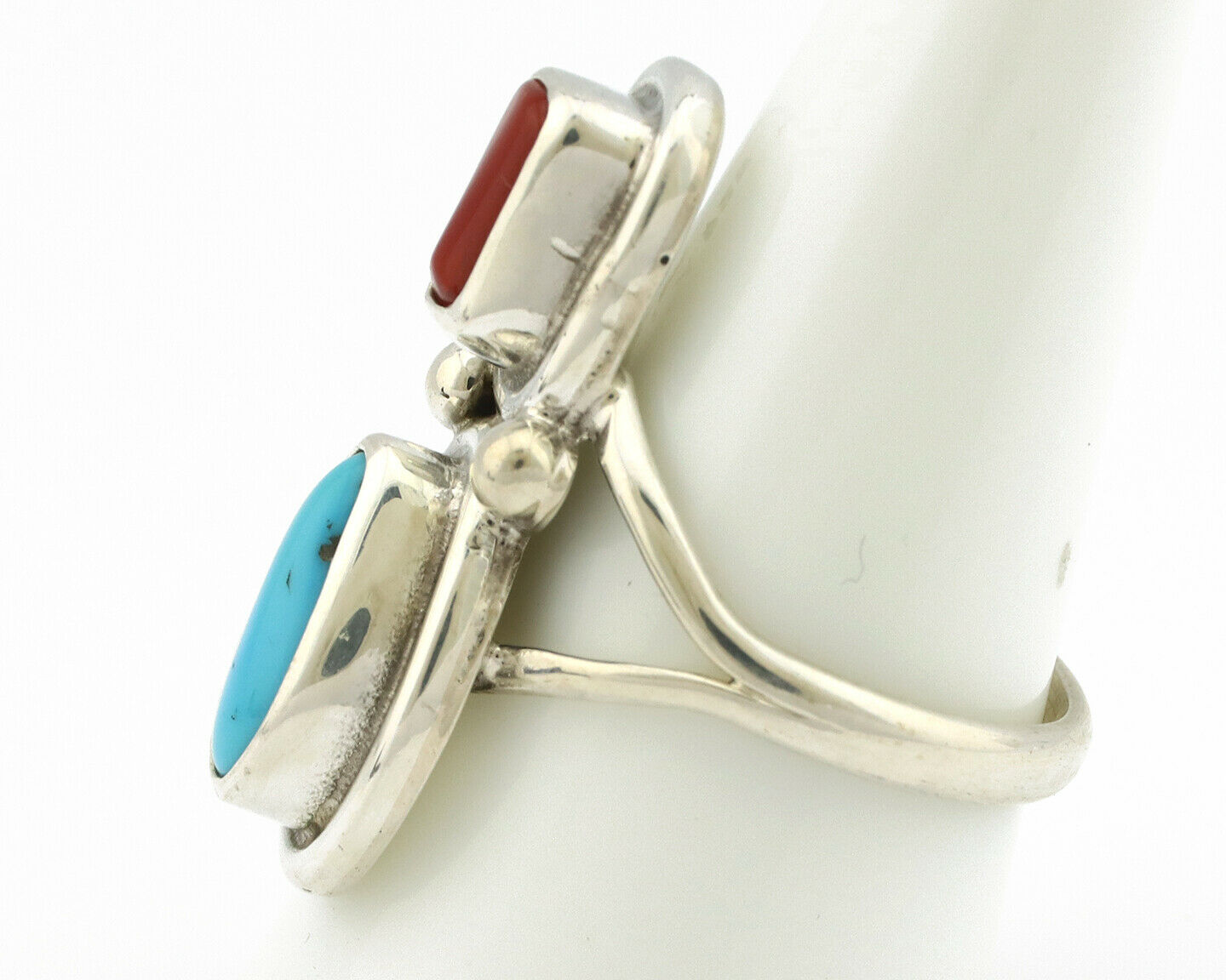 Navajo Ring .925 Silver Blue Turquoise & Red Coral Native American Artist C.80's