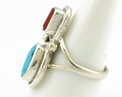 Navajo Ring .925 Silver Blue Turquoise & Red Coral Native American Artist C.80's