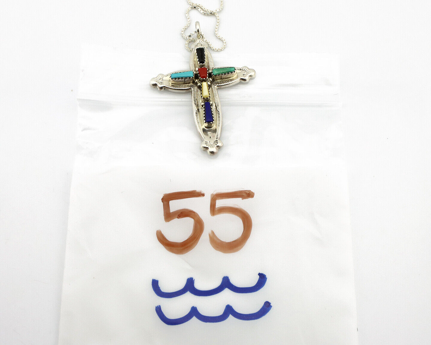 Zuni Handmade Cross Necklace 925 Silver Natural Gemstone Signed E Kaskalla C.80s