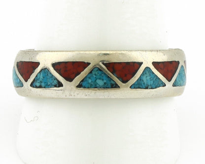 Navajo Ring 925 Silver Natural Turquoise & Coral Native American Artist C.80's