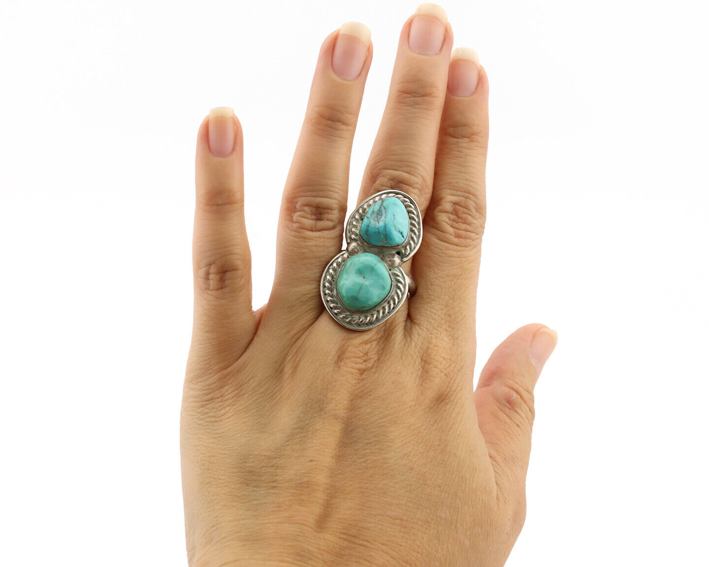 Navajo Ring .925 Silver Globe Turquoise Native American Artist C.1980's