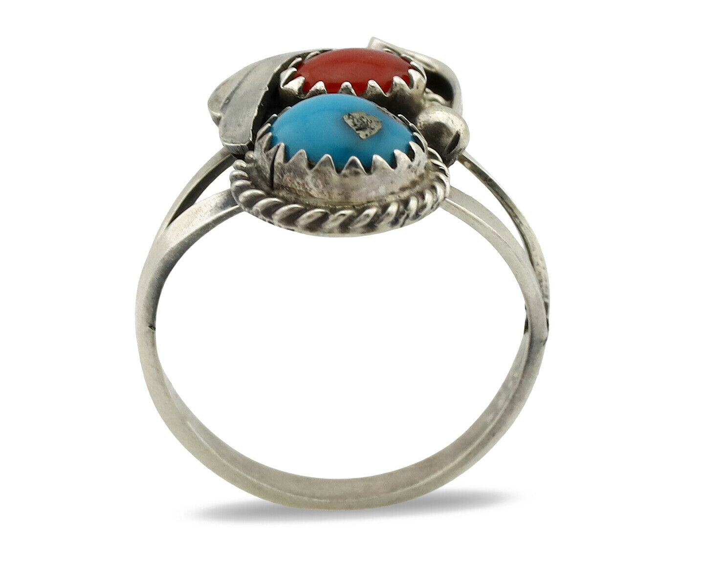 Navajo Ring .925 Silver Turquoise & Coral Artist Signed J Morris C.80's