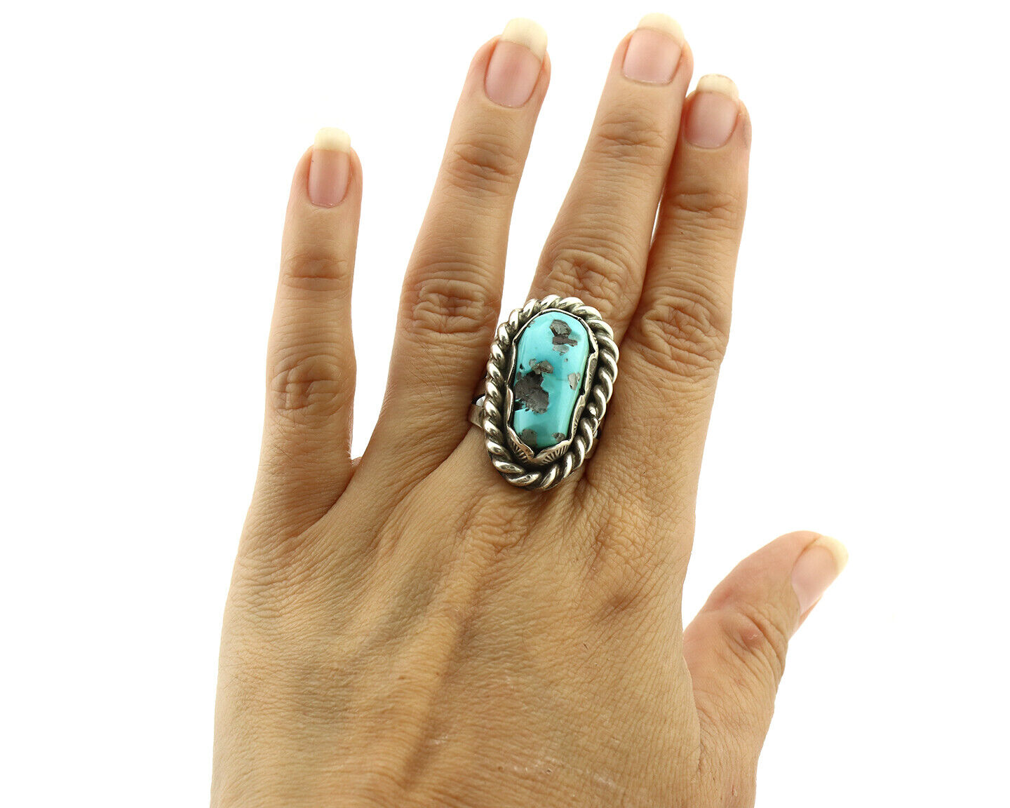 Navajo Ring 925 Silver Castle Dome Turquoise Native American Artist C.1980's