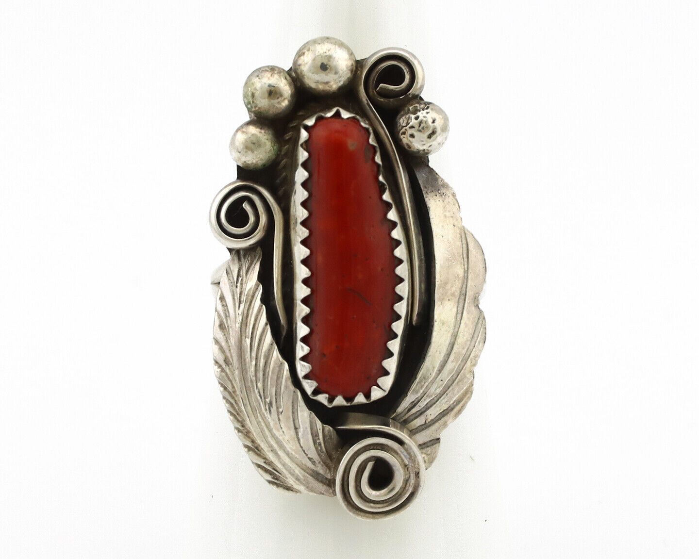 Navajo Ring 925 Silver Mediterranean Coral Artist Signed Justin Morris C.80's